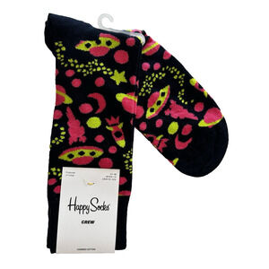 Happy Socks Crew Into Space Socks Black/Pink/Yellow Sz M 8-12, W 10-12.5 NWT